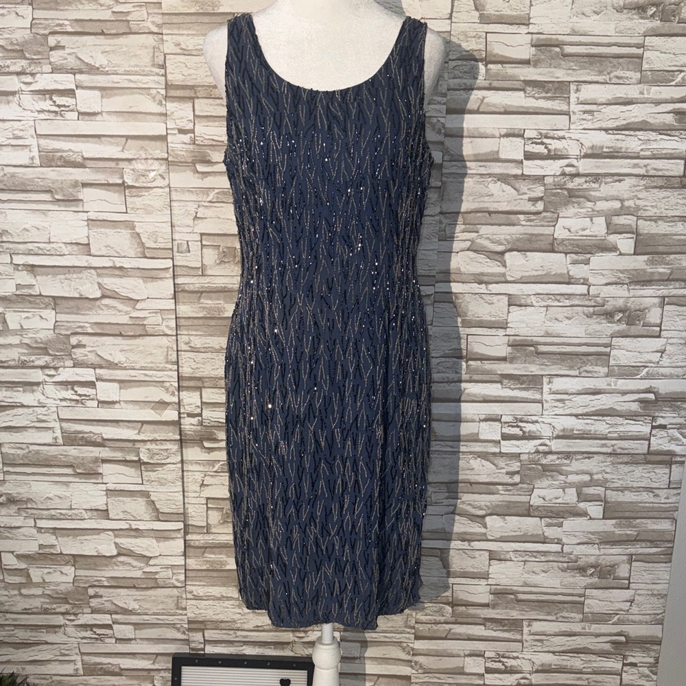 XYLA 7 Sleeveless Navy Beaded Silk Dress